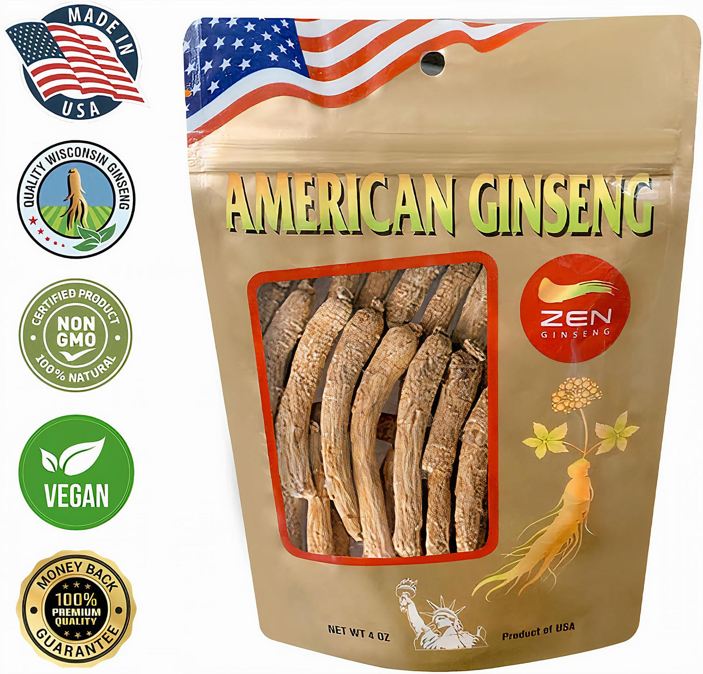 Zen Ginseng 4 oz Wisconsin Ginseng Root - Non-GMO & Gluten Free