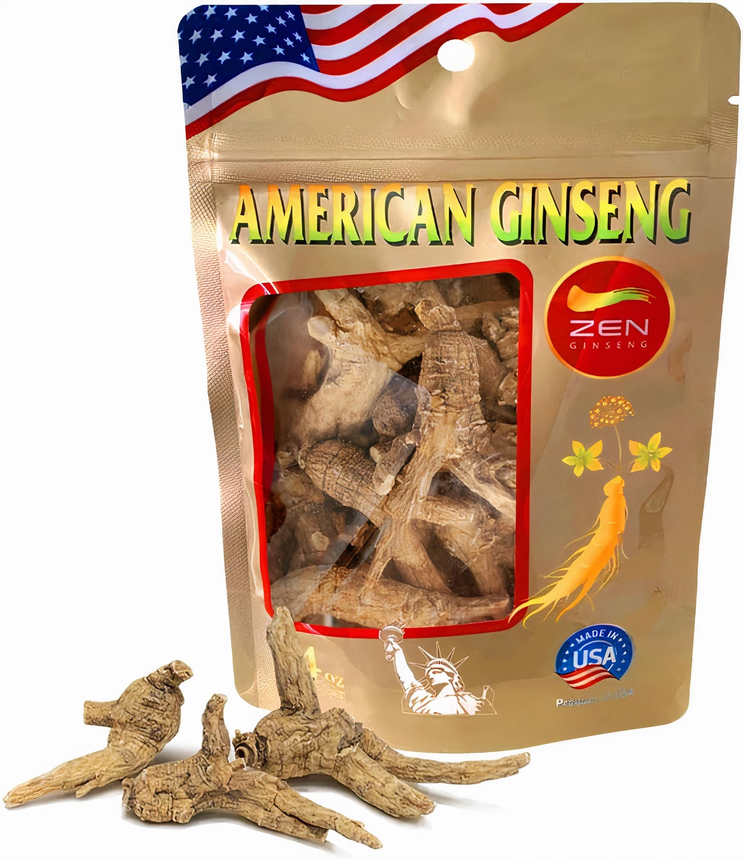 Zen Ginseng - 4 oz Bag of Untrimmed American Ginseng - Non-GMO, Gluten Free. Add This Ginseng in Soup, Tea, Coffee, juices, Smoothies and Baking (Barrel Root 4 oz Bag)