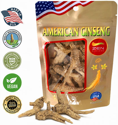 Zen Ginseng - 4 oz Bag of Untrimmed American Ginseng - Non-GMO, Gluten Free. Add This Ginseng in Soup, Tea, Coffee, juices, Smoothies and Baking (Barrel Root 4 oz Bag)