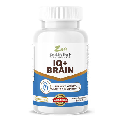 ZEN LIFE HERB IQ+ Brain - Caffeine-Free, Clinically Tested Focus, Concentration, Memory & Energy | 30 Softgels