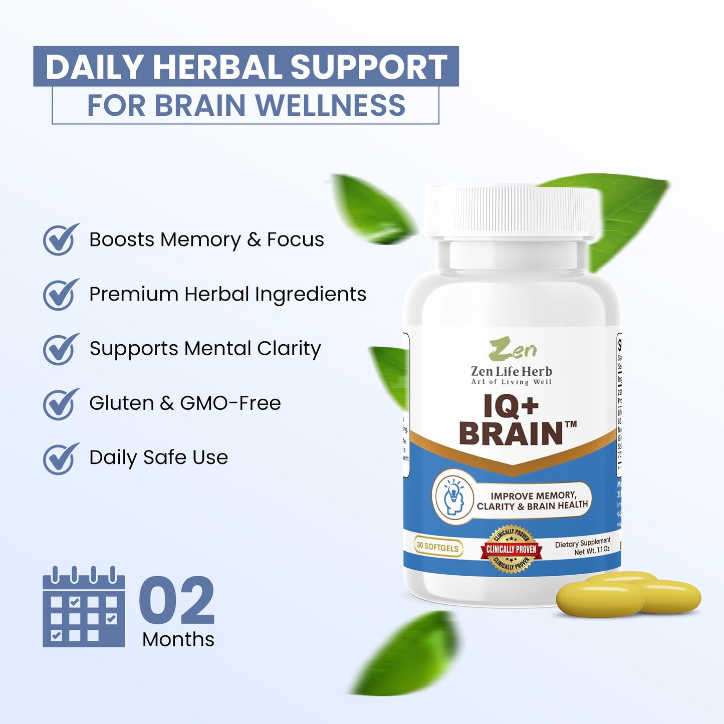 ZEN LIFE HERB IQ+ Brain - Caffeine-Free, Clinically Tested Focus, Concentration, Memory & Energy | 30 Softgels