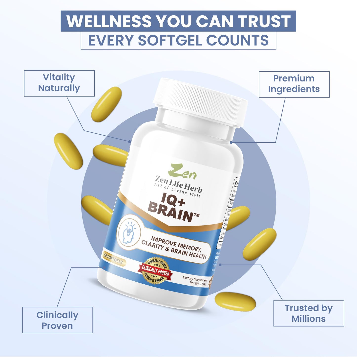 ZEN LIFE HERB IQ+ Brain - Caffeine-Free, Clinically Tested Focus, Concentration, Memory & Energy | 30 Softgels