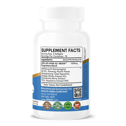 ZEN LIFE HERB IQ+ Brain - Caffeine-Free, Clinically Tested Focus, Concentration, Memory & Energy | 30 Softgels
