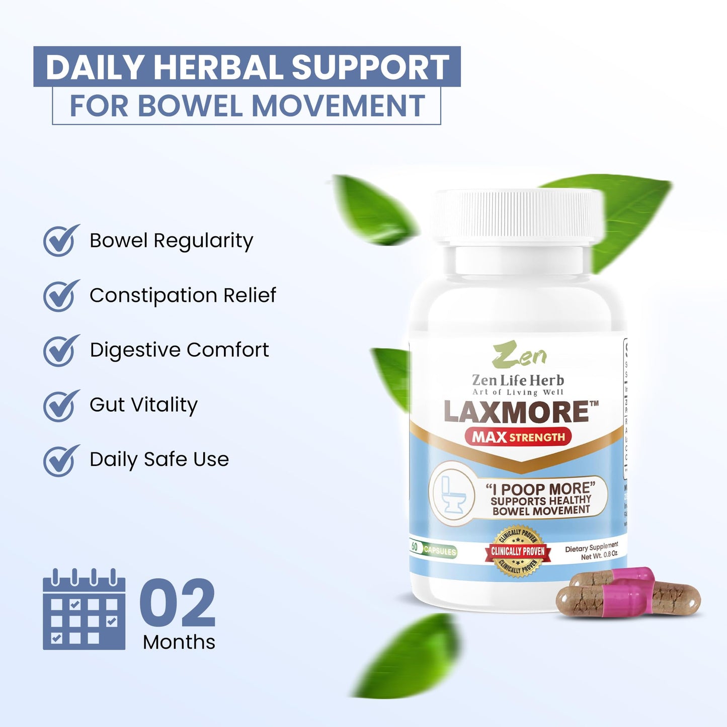 ZEN LIFE HERB LAXMORE Max Strength – 100% Natural Plant-Based Digestive Support (60 Capsules)
