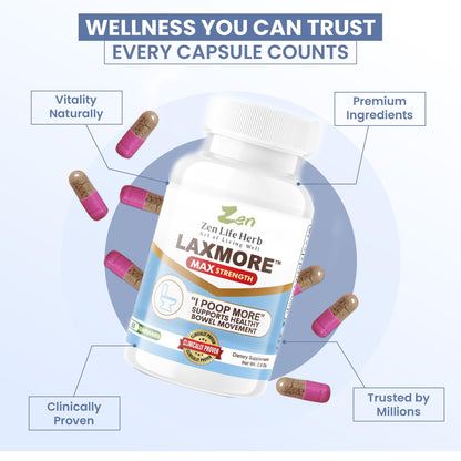 ZEN LIFE HERB LAXMORE – Poop More Max Strength, 100% Natural Plant-Based Supplement (120 Capsules)