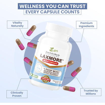 ZEN LIFE HERB LAXMORE I Poop More Max Strength - 100% Natural Plant-Based Supplement (90 Capsules)