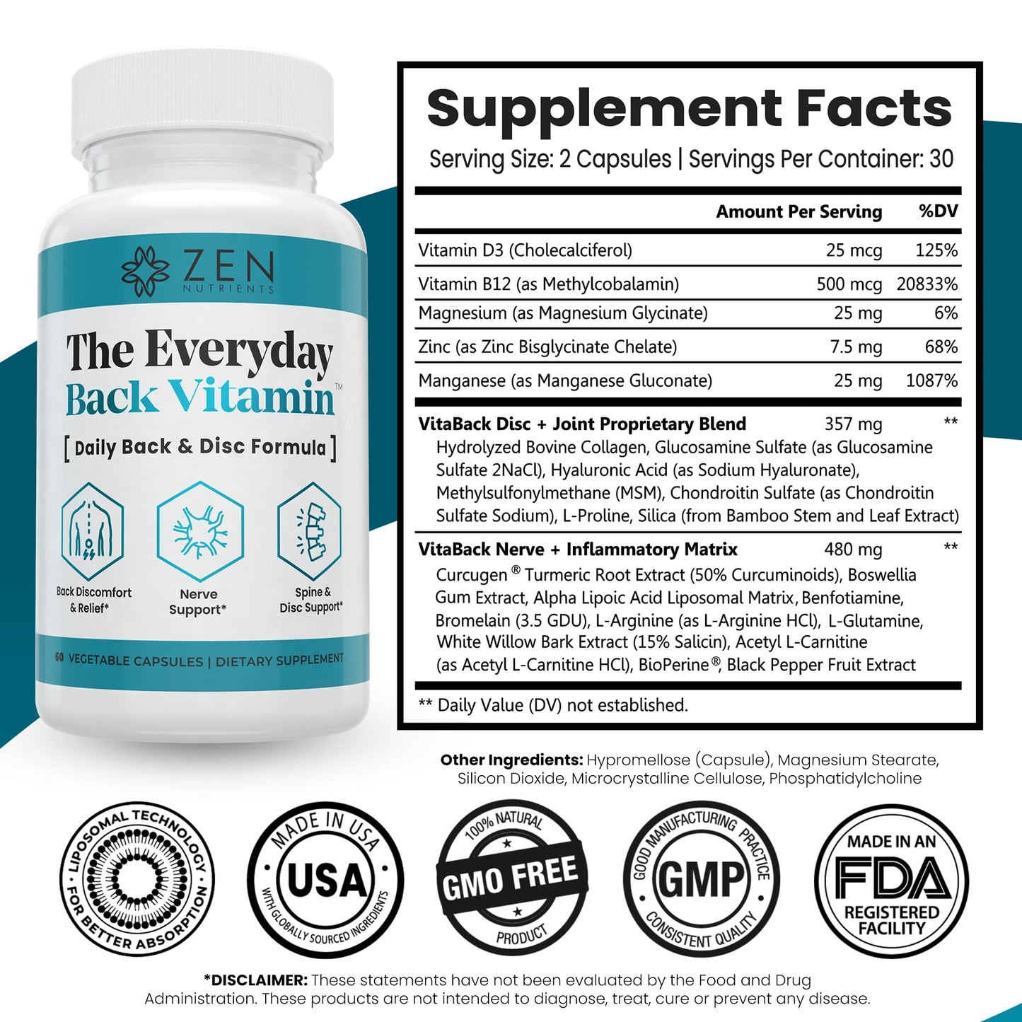 Zen Nutrients Everyday Back Vitamin – Back & Nerve Support (60 Capsules)