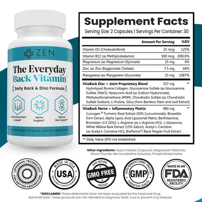 Zen Nutrients Everyday Back Vitamin – Back & Nerve Support (60 Capsules)