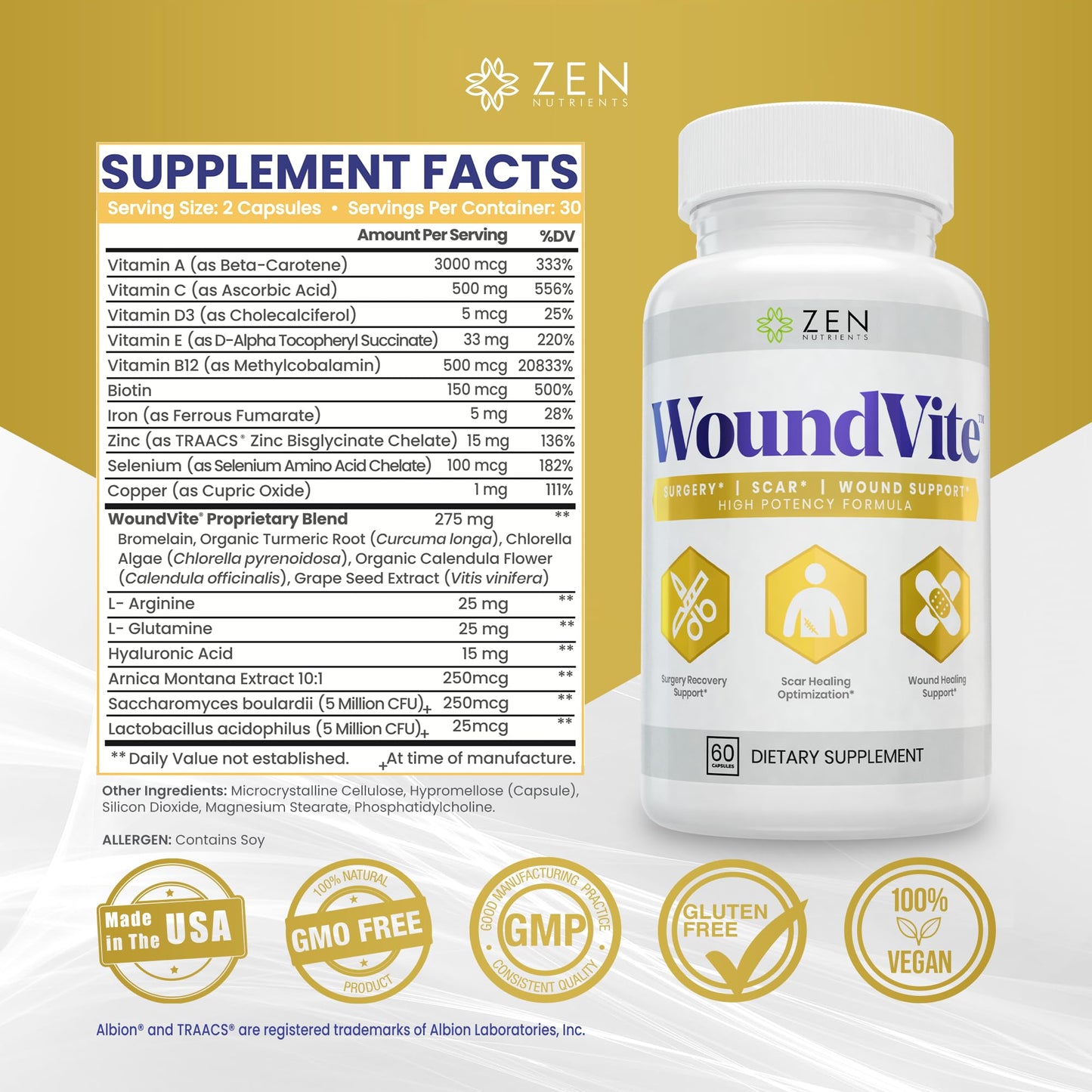Zen Nutrients WoundVite Pre & Post Surgery Support – Scar & Wound Care (60 Vegan Caps)