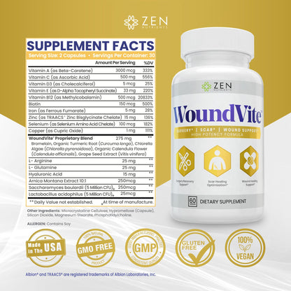 Zen Nutrients WoundVite Pre & Post Surgery Support – Scar & Wound Care (60 Vegan Caps)