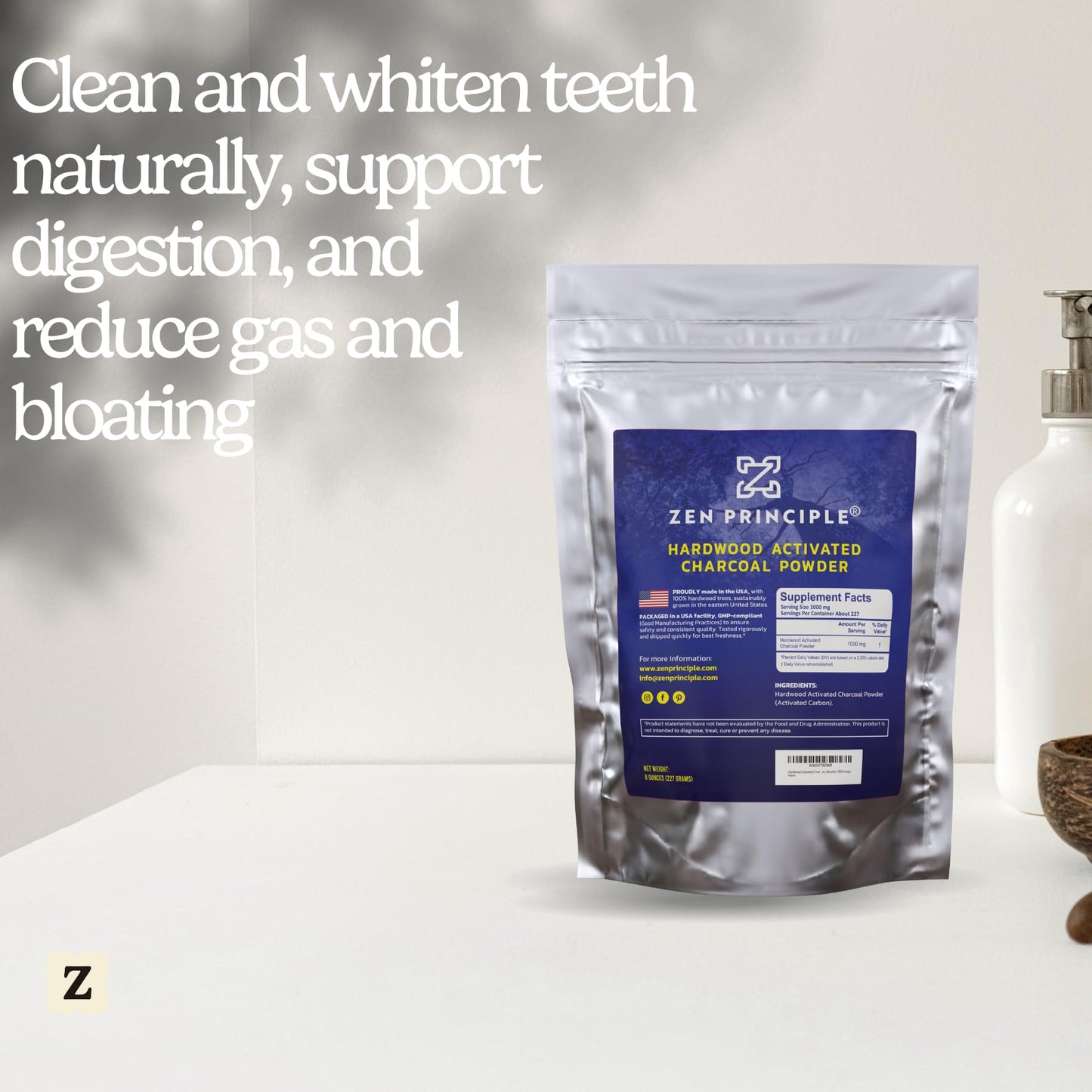 Zen Principle Activated Charcoal Powder 8 oz – 100% USA Hardwood | Teeth Whitening, Skin & Digestion