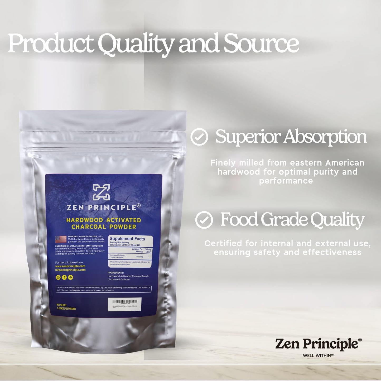 Zen Principle Activated Charcoal Powder 8 oz – 100% USA Hardwood | Teeth Whitening, Skin & Digestion