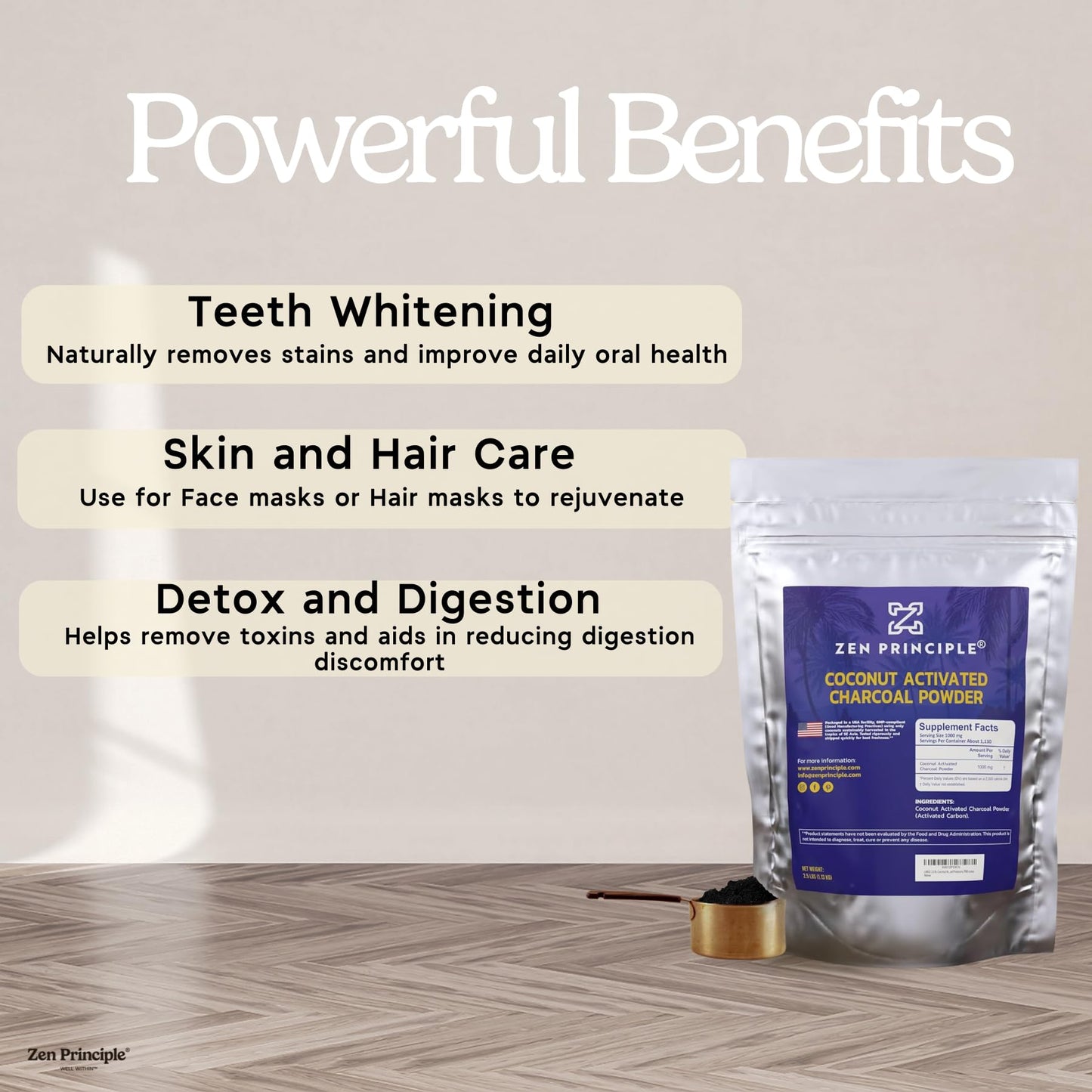 Zen Principle Coconut Activated Charcoal Powder - 2.5 lb | Teeth Whitening, Skin & Hair