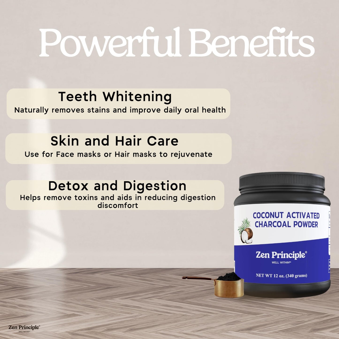 Zen Principle Coconut Activated Charcoal Powder – Teeth Whitening, Digestive Support, USA-Owned 12 Oz
