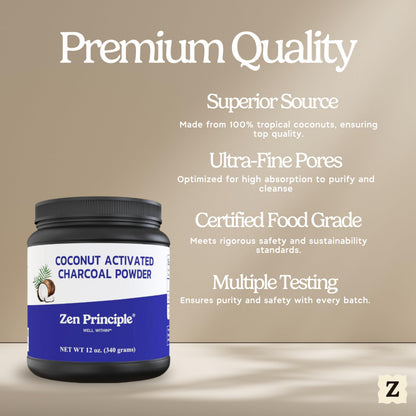 Zen Principle Coconut Activated Charcoal Powder – Teeth Whitening, Digestive Support, USA-Owned 12 Oz