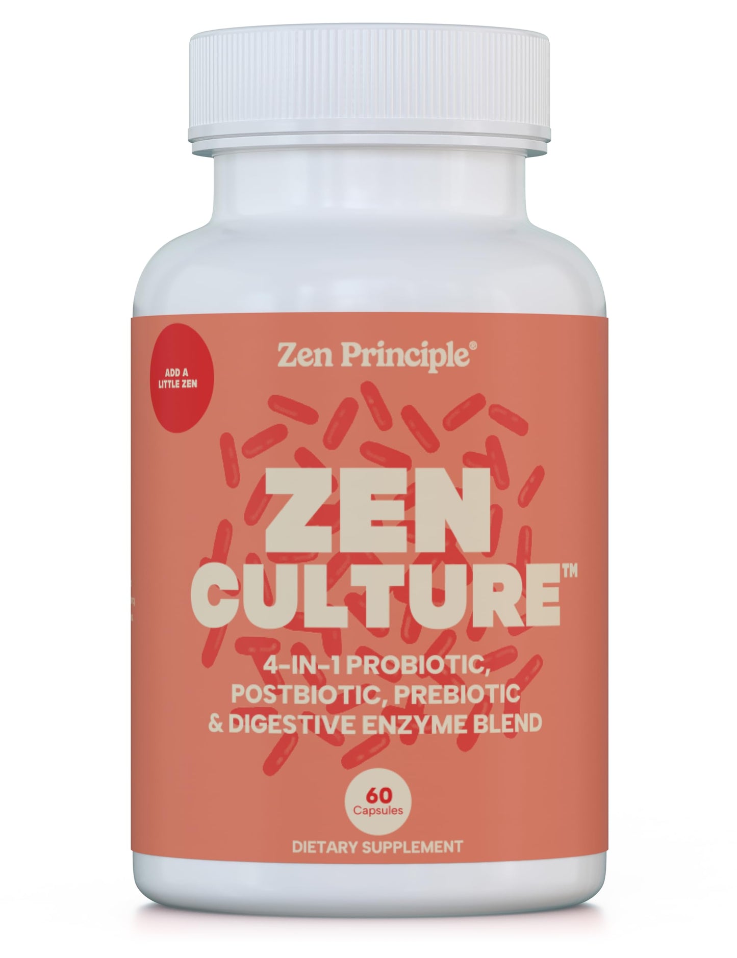 Zen Principle Zenculture™ – 4-in-1 Synbiotic Supplement (Probiotic + Prebiotic + Postbiotic + Digestive Enzymes) with CoreBiome® • 60 Capsules
