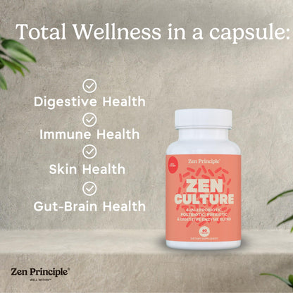 Zen Principle Zenculture™ – 4-in-1 Synbiotic Supplement (Probiotic + Prebiotic + Postbiotic + Digestive Enzymes) with CoreBiome® • 60 Capsules
