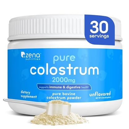 Zena Nutrition Bovine Colostrum Powder – 2000mg, Immune & Digestive Support, Unflavored, 30 Servings