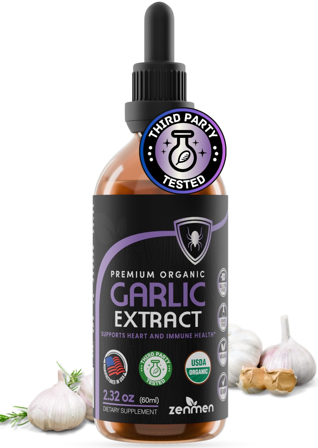 Zenmen Organic Garlic Cloves Extract (Odorless Tincture) – Immune Support, Antioxidants, 2.32 oz / 60 ml – Vegan – Made in USA