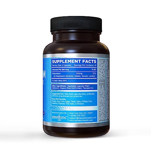 Zentastic Magnesium Complex 4-in-1 | Chelated Magnesium Glycinate, Malate, Taurate & Lactate – 120 Capsules