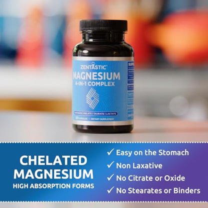 Zentastic Magnesium Complex 4-in-1 | Chelated Magnesium Glycinate, Malate, Taurate & Lactate – 120 Capsules