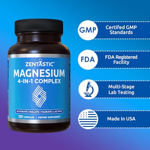 Zentastic Magnesium Complex 4-in-1 | Chelated Magnesium Glycinate, Malate, Taurate & Lactate – 120 Capsules