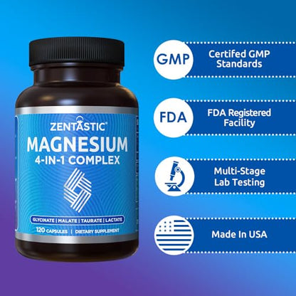 Zentastic Magnesium Complex 4-in-1 | Chelated Magnesium Glycinate, Malate, Taurate & Lactate – 120 Capsules