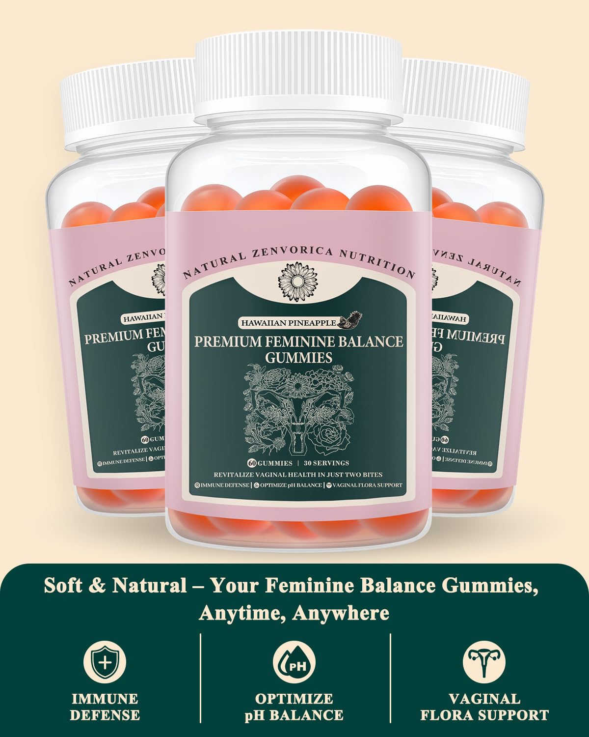 Zenvorica Feminine Balance Gummies for Women – Pineapple Probiotic, pH & Odor Support