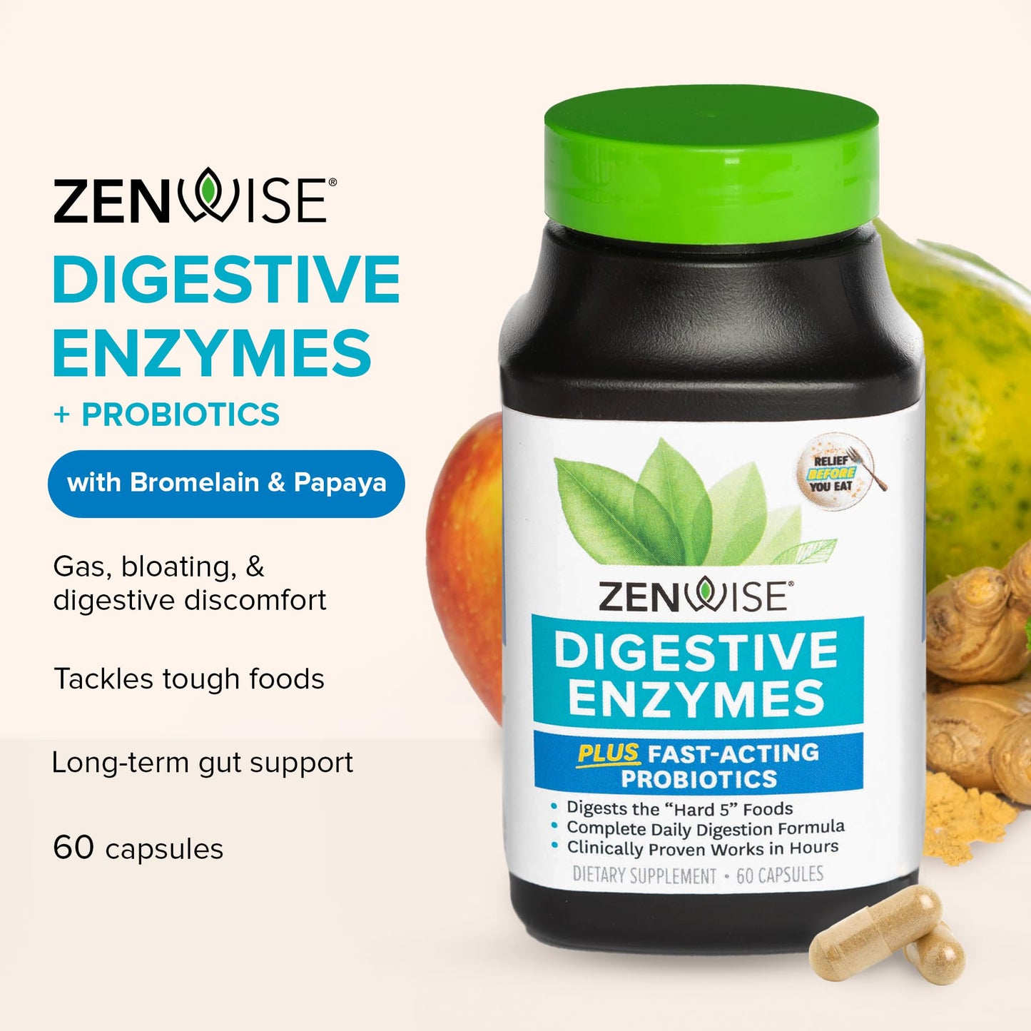 Zenwise Health Digestive Enzymes for Gut Health & Bloating Relief - Multi Enzymes Digestion Supplement with Probiotics, Bromelain & Papaya for Digestive Health Support - Men & Women - 60 Count