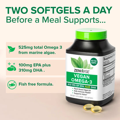 Zenwise Vegan Omega-3 Supplement – Algae-Derived EPA/DHA/DPA | Burpless, 120 Softgels