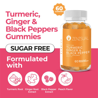 ZENZSUAL Turmeric Ginger Black Pepper Gummies – Sugar Free Immune Support (60 Peach Gummies)