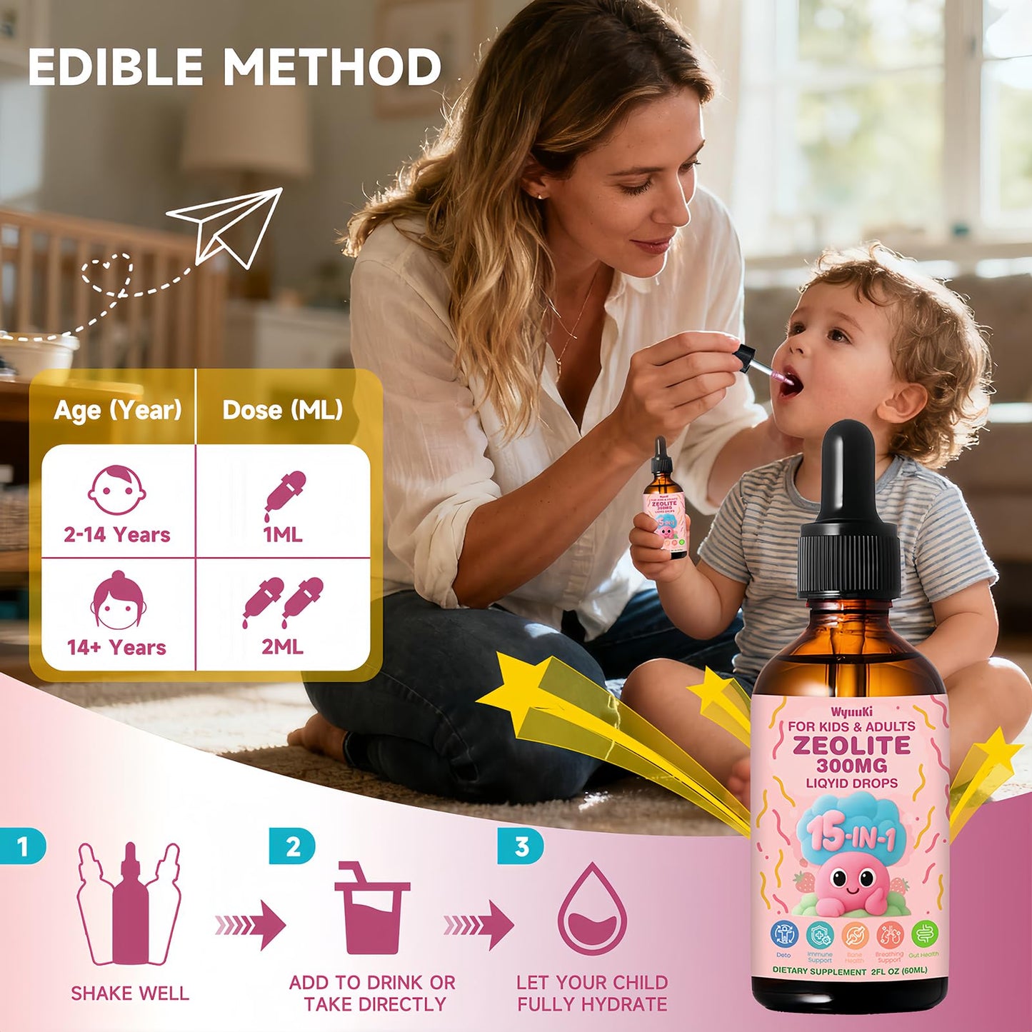 Zeolite Drops 2 Pack Detox for Kids & Adults - 300mg Clinoptilolite, 1000mcg B12, C & D3 | 10B CFU Prebiotics + Seaweed Calcium | 120ml