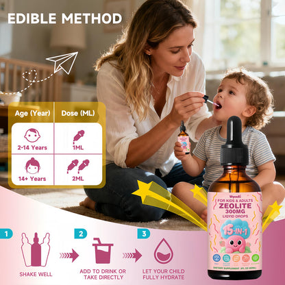 Zeolite Drops 2 Pack Detox for Kids & Adults - 300mg Clinoptilolite, 1000mcg B12, C & D3 | 10B CFU Prebiotics + Seaweed Calcium | 120ml