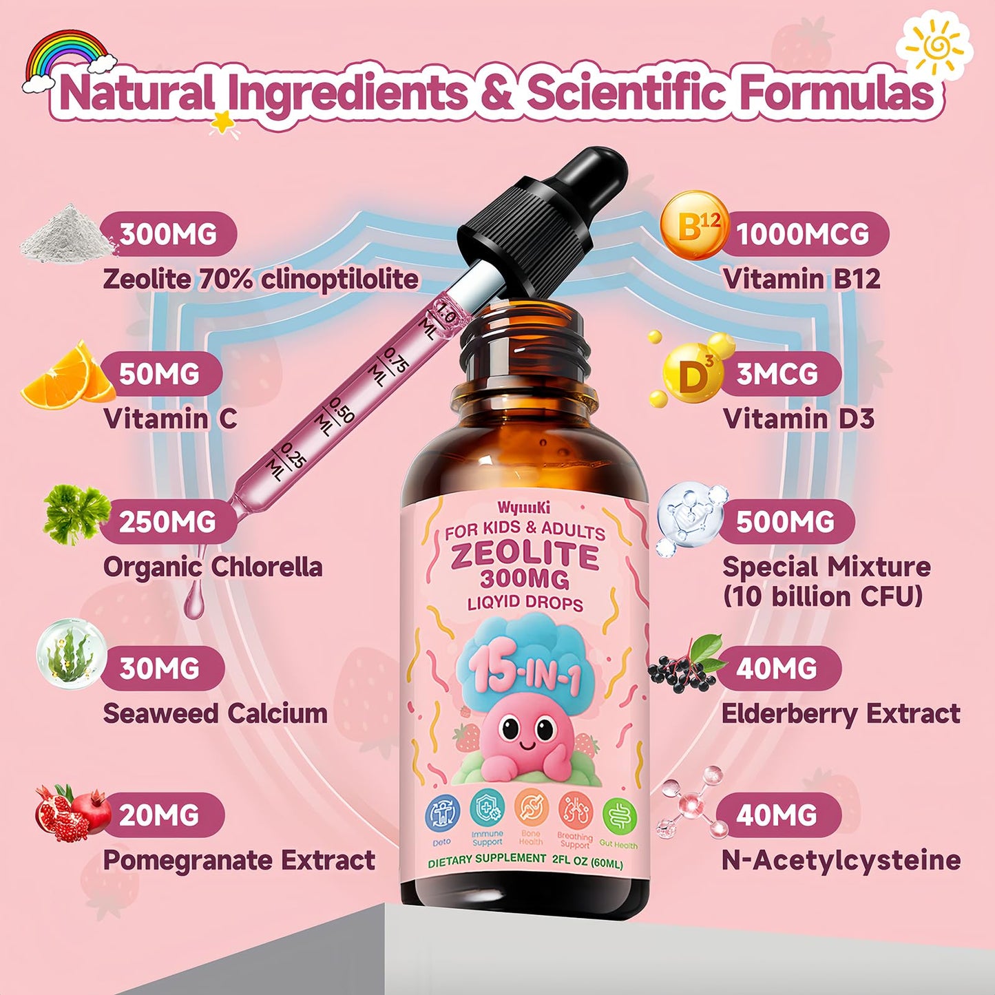 Zeolite Drops 2 Pack Detox for Kids & Adults - 300mg Clinoptilolite, 1000mcg B12, C & D3 | 10B CFU Prebiotics + Seaweed Calcium | 120ml