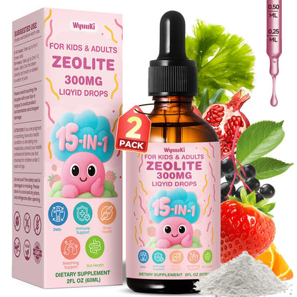Zeolite Drops 2 Pack Detox for Kids & Adults - 300mg Clinoptilolite, 1000mcg B12, C & D3 | 10B CFU Prebiotics + Seaweed Calcium | 120ml