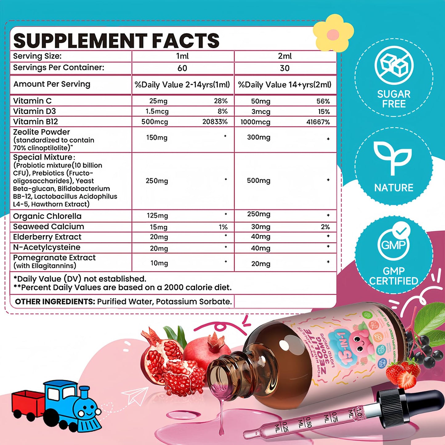 Zeolite Drops 2 Pack Detox for Kids & Adults - 300mg Clinoptilolite, 1000mcg B12, C & D3 | 10B CFU Prebiotics + Seaweed Calcium | 120ml