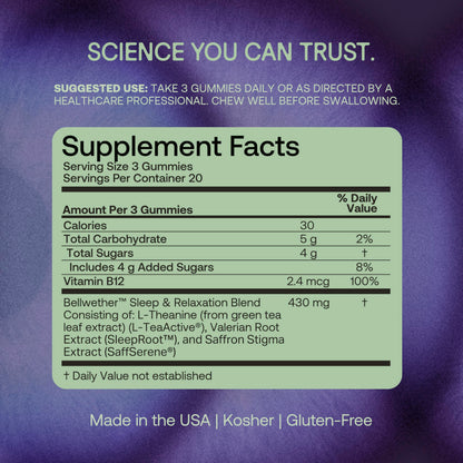 ZERENNE Sleep & Relaxation Gummies – Melatonin-Free Sleep Aid with Saffron, Valerian & L-Theanine