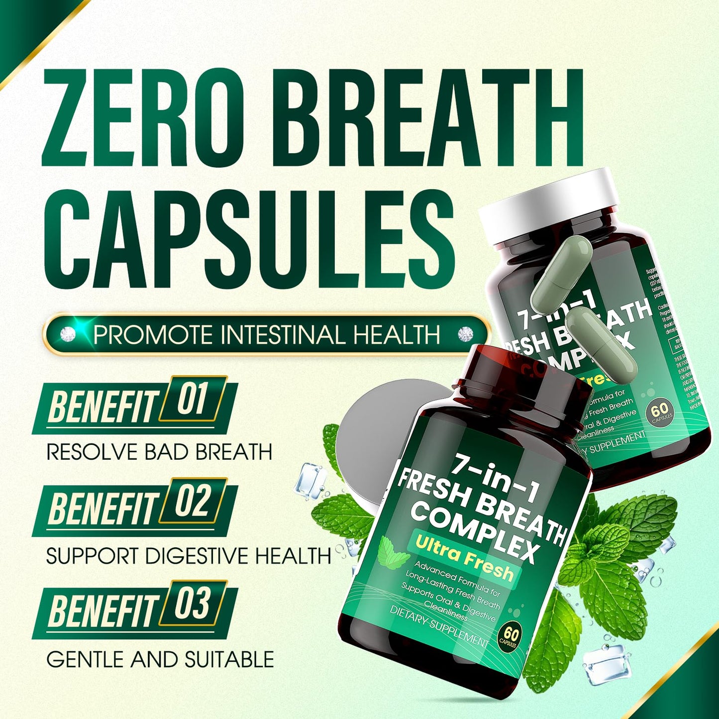 Zero Breath Bad Breath Capsules – 7-in-1 Breath Freshener | Organic Chlorophyllin, Probiotics, Mint