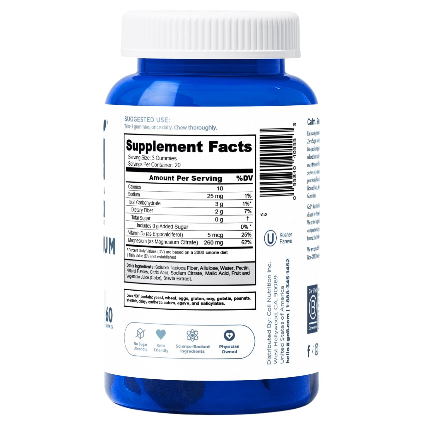 Zero Sugar Goli Magnesium Gummies – 260 mg Magnesium, Vitamin D | Vegan, Gluten-Free & Non-GMO