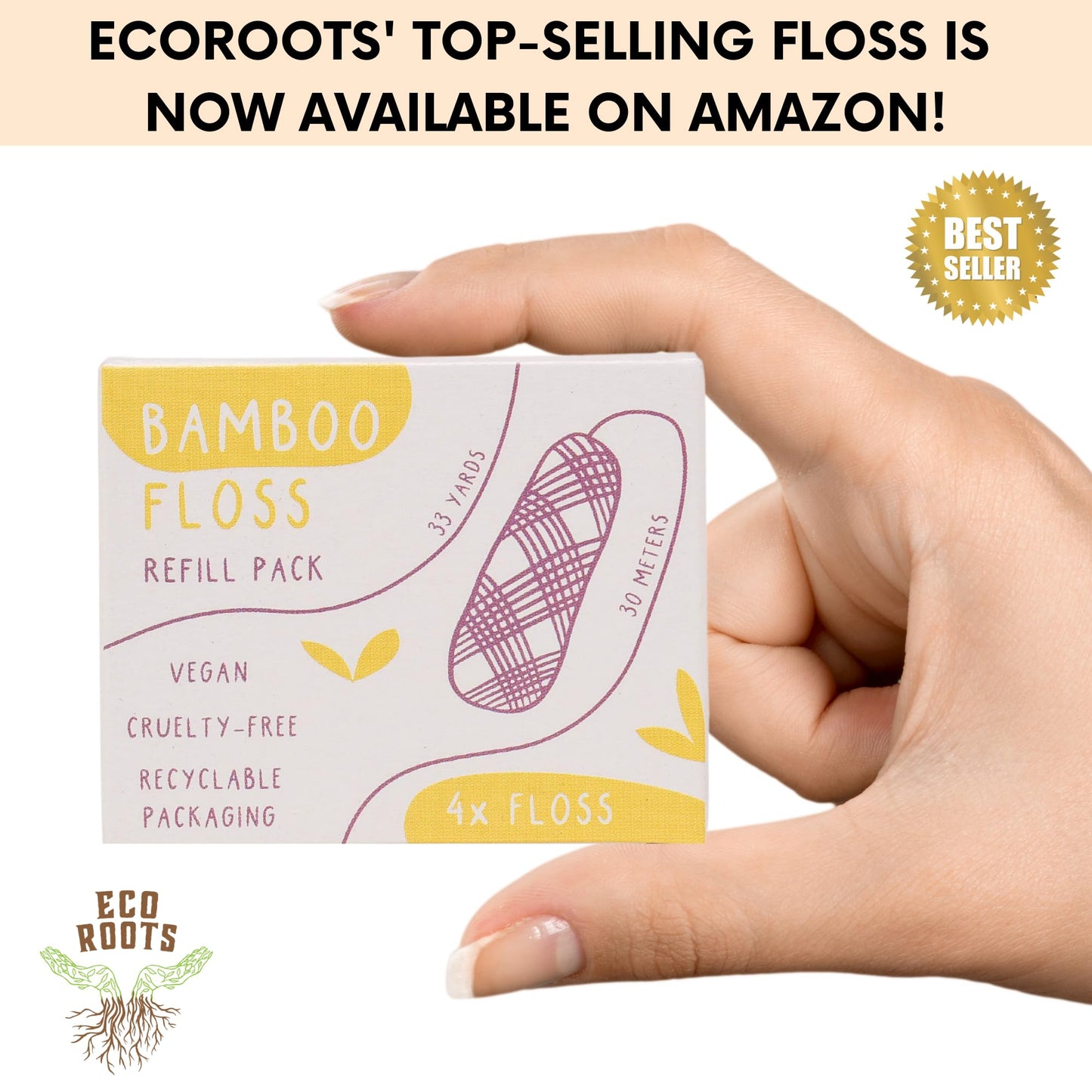 ECO ROOTS Organic Bamboo Floss Refill x4 Rolls, Eco Friendly Dental Charcoal Floss | Reusable & Vegan Bamboo Tooth Flossers | Zero Waste, Plastic Free, Biodegradable