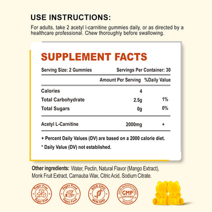 Zetelixia 2-Pack Acetyl L-Carnitine Gummies – Mango Flavor, 120 Count, Vegan