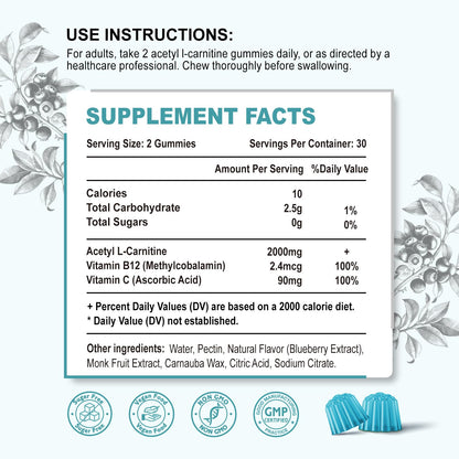 Zetelixia 2 Pack Sugar Free Acetyl L-Carnitine Gummies – Energy, Brain & Heart Health (Vegan, Non-GMO) 120 Count