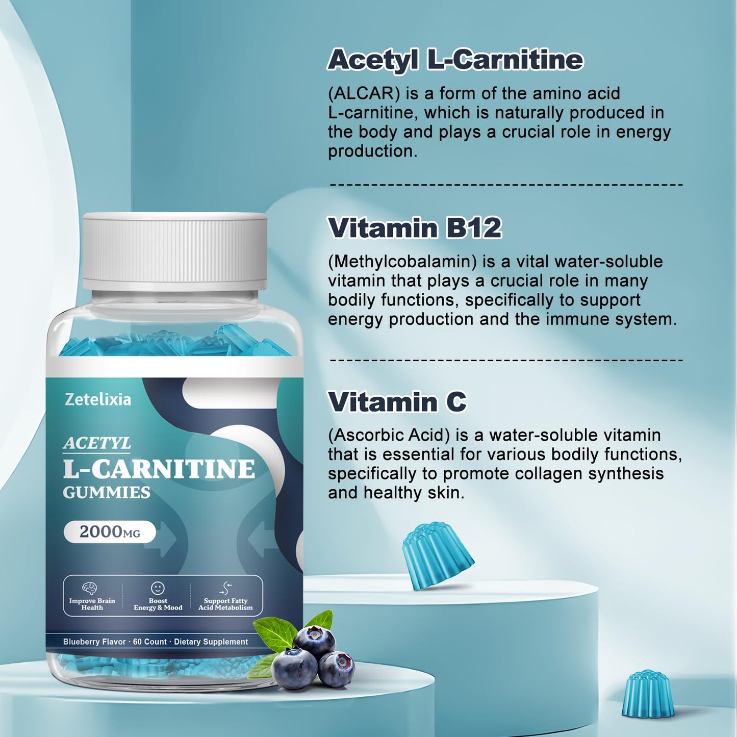 Zetelixia 2 Pack Sugar Free Acetyl L-Carnitine Gummies – Energy, Brain & Heart Health (Vegan, Non-GMO) 120 Count