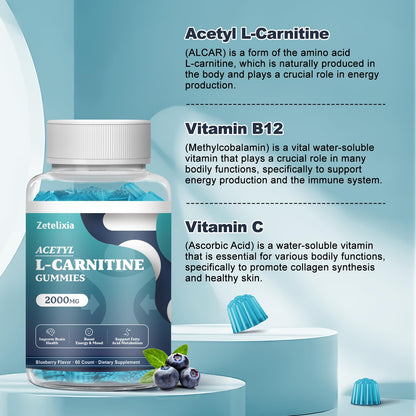 Zetelixia 2 Pack Sugar Free Acetyl L-Carnitine Gummies – Energy, Brain & Heart Health (Vegan, Non-GMO) 120 Count