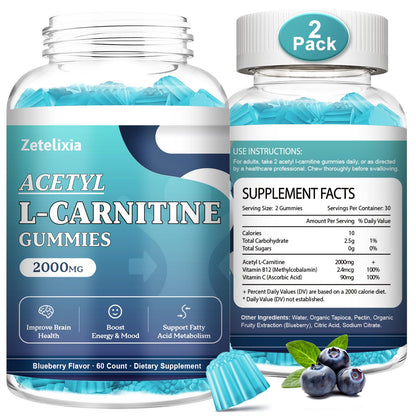 Zetelixia 2 Pack Sugar Free Acetyl L-Carnitine Gummies – Energy, Brain & Heart Health (Vegan, Non-GMO) 120 Count