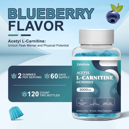 Zetelixia 2 Pack Sugar Free Acetyl L-Carnitine Gummies – Energy, Brain & Heart Health (Vegan, Non-GMO) 120 Count