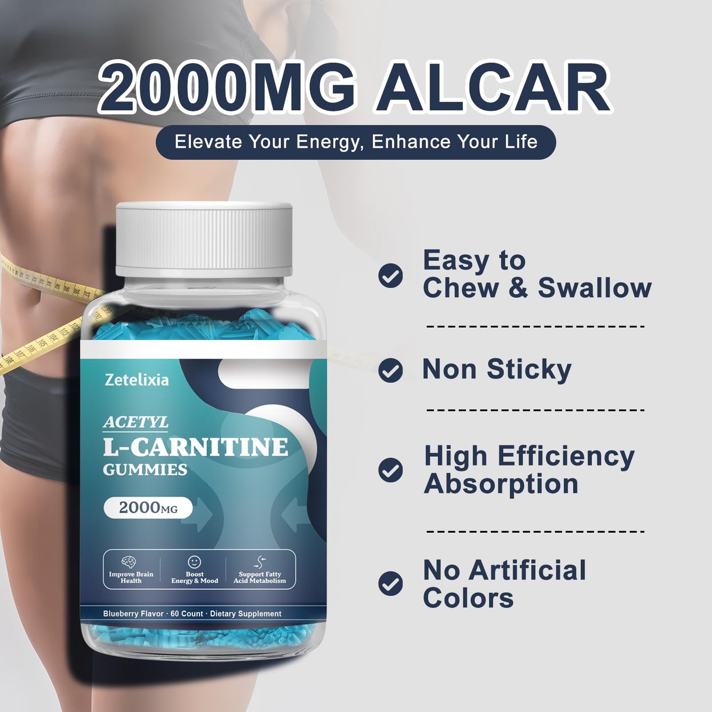 Zetelixia 2 Pack Sugar Free Acetyl L-Carnitine Gummies – Energy, Brain & Heart Health (Vegan, Non-GMO) 120 Count