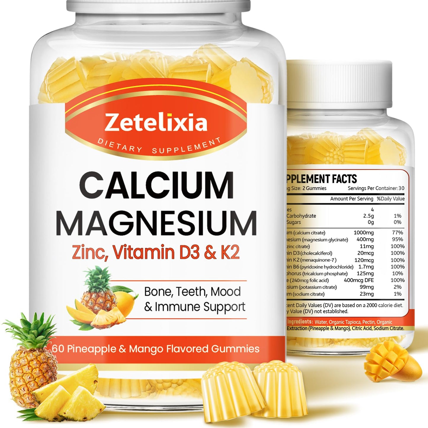 Zetelixia Calcium Gummies for Women & Men - Vitamin D3 & K2, 120 Count