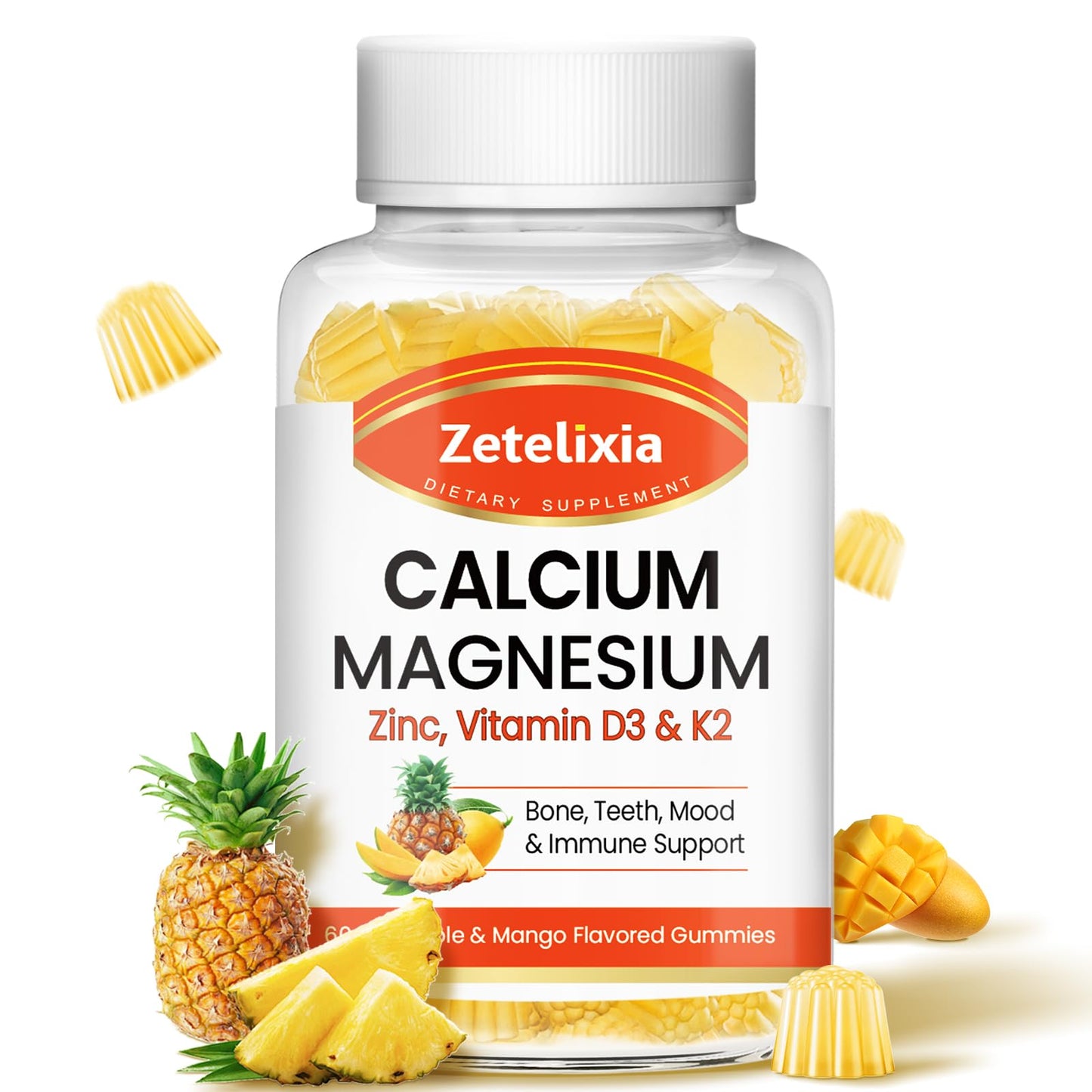 Zetelixia Calcium Gummies for Women & Men – Calcium Magnesium Zinc with Vitamin D3 & K2, Pineapple & Mango Flavor, 60 Count