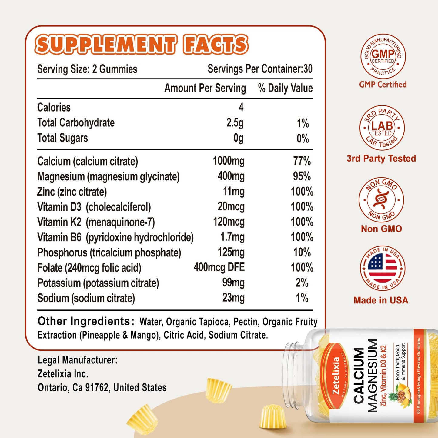 Zetelixia Calcium Gummies for Women & Men – Calcium Magnesium Zinc with Vitamin D3 & K2, Pineapple & Mango Flavor, 60 Count